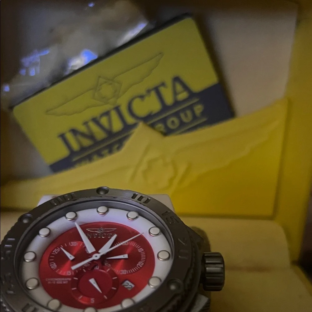 Invicta Akula sport 54mm White Strap Watch with Red Dial and Silver Bezel